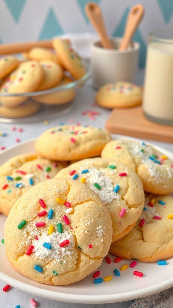 A plate of Funfetti Cake Mix Cookies with colorful sprinkles and powdered sugar, set in a cozy kitchen.